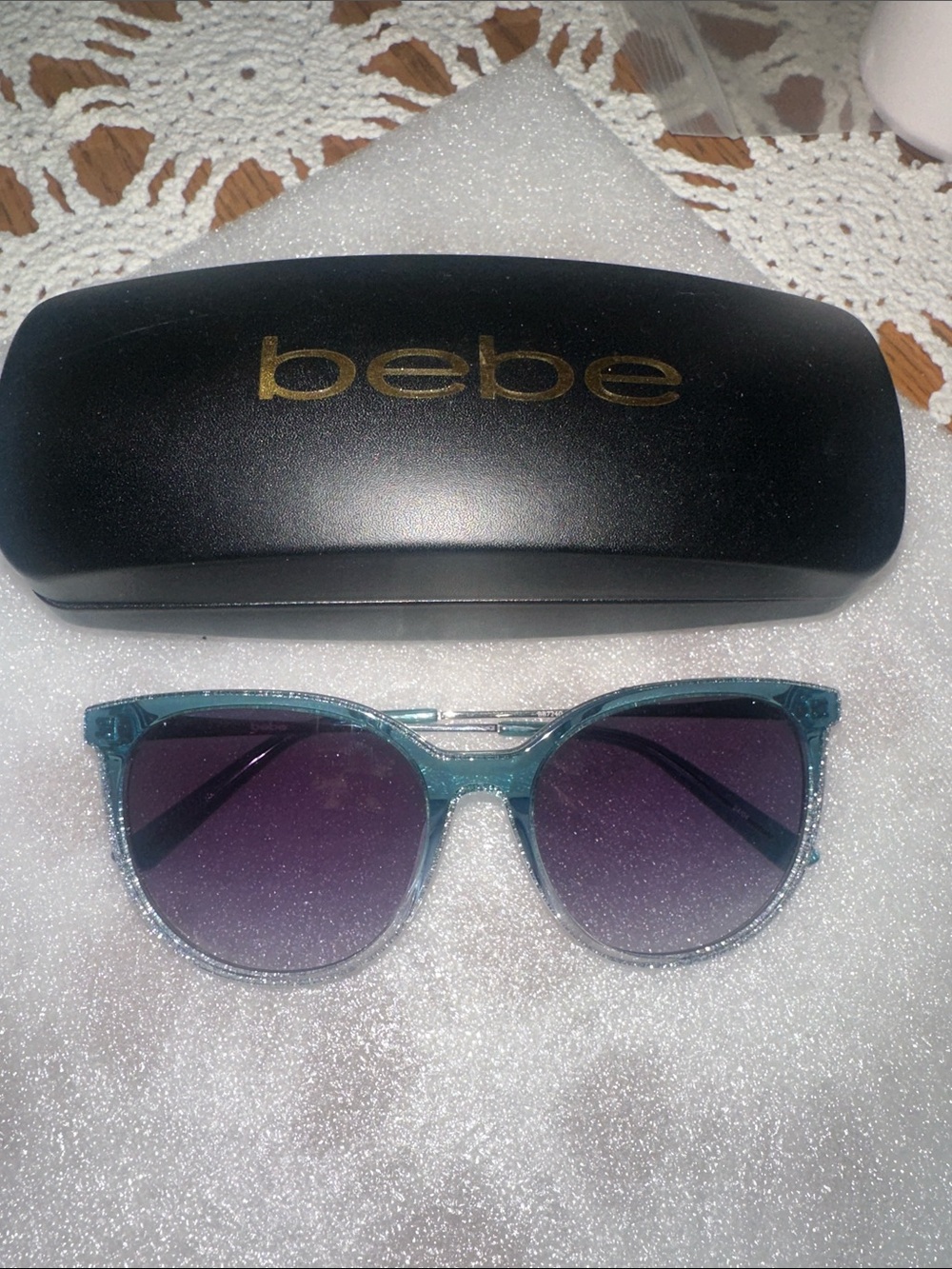 bebe Teal Glitter Sunglasses with Purple Gradient Lenses